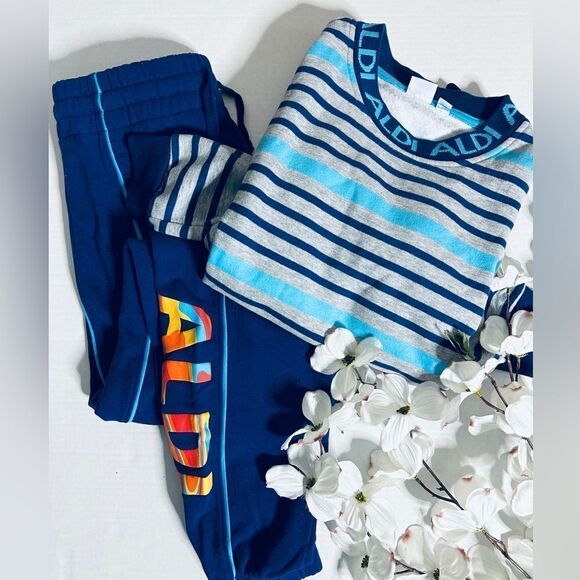 Aldi Gear Unisex Striped Rainbow Logo Two Piece CrewnSweatshirt Jogger Pants Set - Picture 1 of 10
